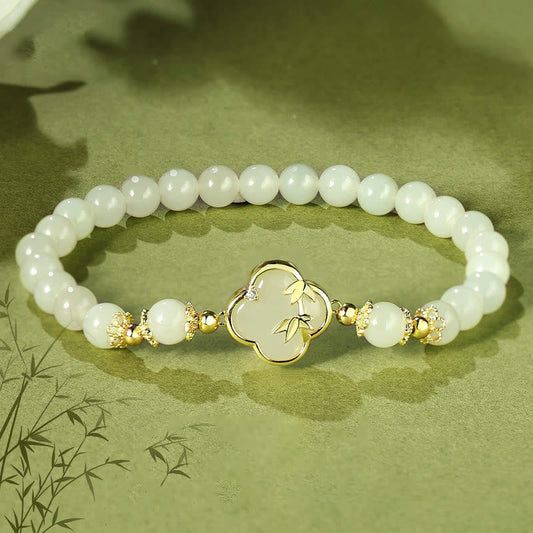 Buddha Stones Hetian Jade 925 Sterling Silber Vierblättriges Kleeblatt Bambus Glücksarmband 