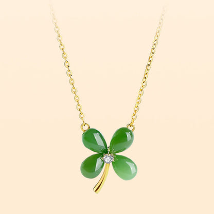 Buddha Stones Jade 925 Sterling Silver Four Leaf Clover Luck Necklace Pendant
