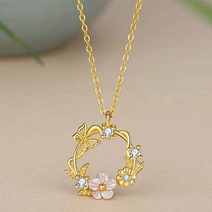 Buddha Stones 925 Sterling Silver Cubic Zirconia Shell Butterfly Peach Blossom Blessing Necklace Pendant