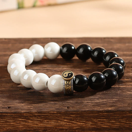 Armband mit Buddha-Steinen, schwarzem Obsidian und weißen Porzellanperlen, Yin und Yang, Erfüllung 