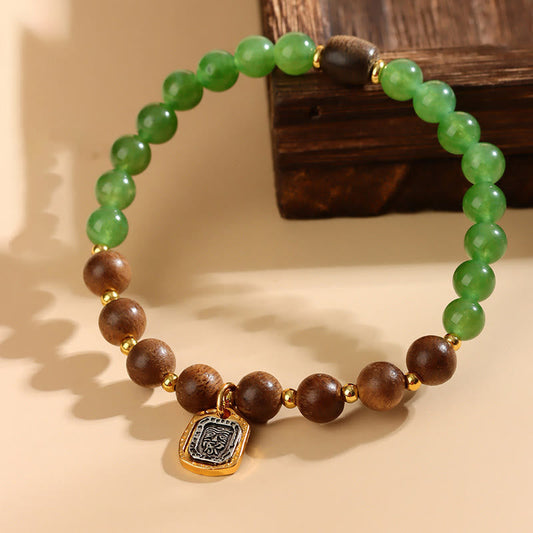 Armband mit Buddha-Steinen, Kalimantan-Adlerholz, grünem Chalcedon, Zakiram, Göttin des Reichtums, Stärke 