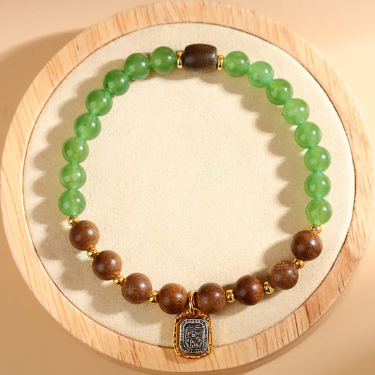 Armband mit Buddha-Steinen, Kalimantan-Adlerholz, grünem Chalcedon, Zakiram, Göttin des Reichtums, Stärke 