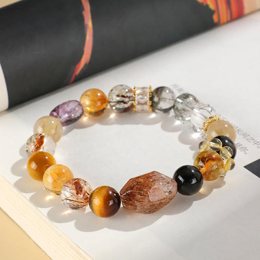 Buddha Stones Super Seven Kristall Topas Obsidian Tigerauge Positivitätsarmband 