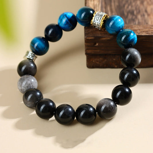 Buddha Stones Blaues Tigerauge Silberglanz Obsidian Stärke Armband 
