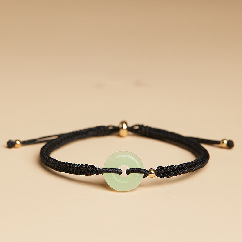 Buddha Stones Natürliche Hetian Jade Peace Buckle Fu Charakter Schutz Glück Geflochtenes Armband