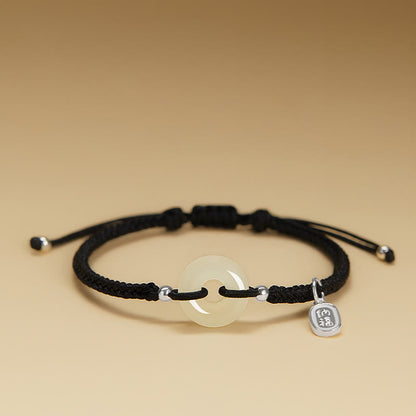 Buddha Stones Natürliche Hetian Jade Peace Buckle Fu Charakter Schutz Glück Geflochtenes Armband
