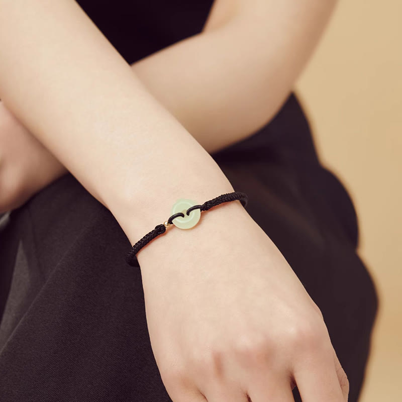 Buddha Stones Natürliche Hetian Jade Peace Buckle Fu Charakter Schutz Glück Geflochtenes Armband