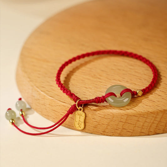 Buddha Stones Natürliche Hetian Jade Peace Schnalle Rote Schnur Glück Geflochtenes Armband