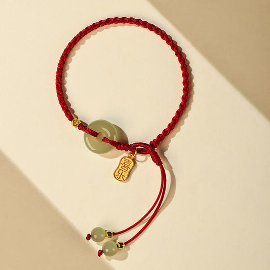 Buddha Stones Natürliche Hetian Jade Peace Schnalle Rote Schnur Glück Geflochtenes Armband