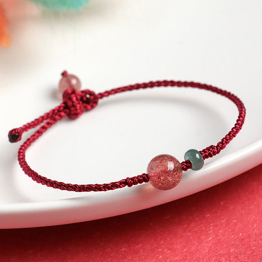 Buddha Stones Natürliches Erdbeerquarz Jade Weißer Achat Rote Schnur Positives Armband 