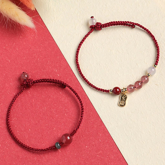 Buddha Stones Natürliches Erdbeerquarz Jade Weißer Achat Rote Schnur Positives Armband 