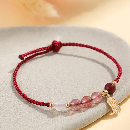 Buddha Stones Natürliches Erdbeerquarz Jade Weißer Achat Rote Schnur Positives Armband 