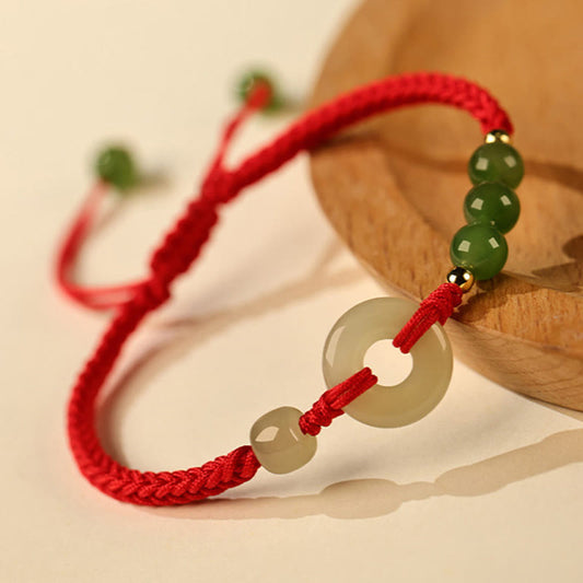 Buddha Stones Natürliche Hetian Jade Friedensschnalle Rote Schnur Schutz Glück Armband 