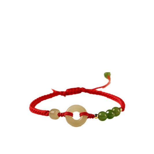 Buddha Stones Natürliche Hetian Jade Friedensschnalle Rote Schnur Schutz Glück Armband 