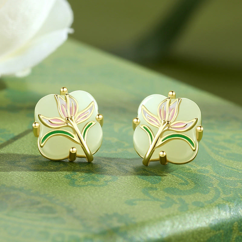 Buddha Stones 925 Sterling Silver Magnolia Butterfly Hetian Jade Four Leaf Clover Blessing Earrings Necklace Pendant - Touch Bling