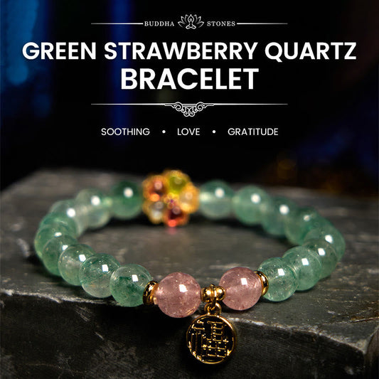 Buddha Stones Natürliches grünes Erdbeerquarz-beruhigendes Fu-Charakter-Armband
