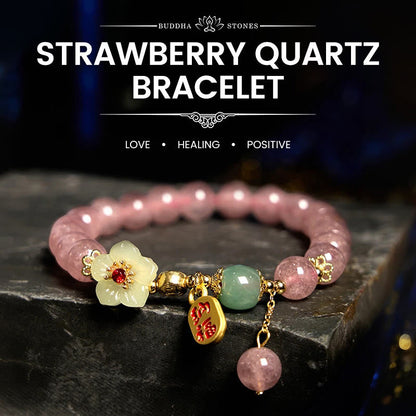 Buddha Stones Natürliche Erdbeerquarzblüte Fu Charakter Positivität Heilung Armband