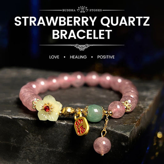 Buddha Stones Natürliche Erdbeerquarzblüte Fu Charakter Positivität Heilung Armband