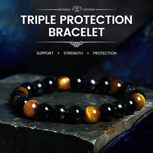 Buddha Stones Armband aus natürlichem Tigerauge, Obsidian und Hämatit mit positiver Wirkung 