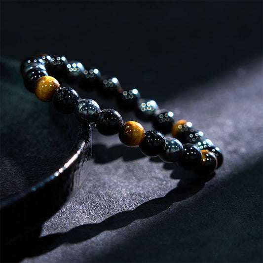 Buddha Stones Armband aus natürlichem Tigerauge, Obsidian und Hämatit mit positiver Wirkung 