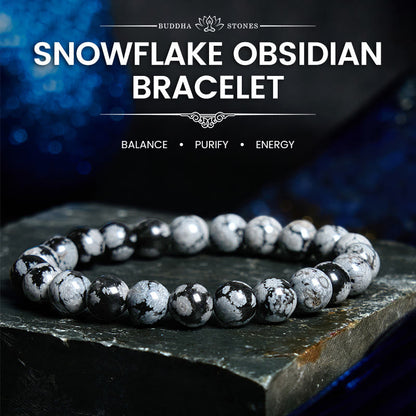 Pulsera de equilibrio de obsidiana y copo de nieve de piedra de Buda