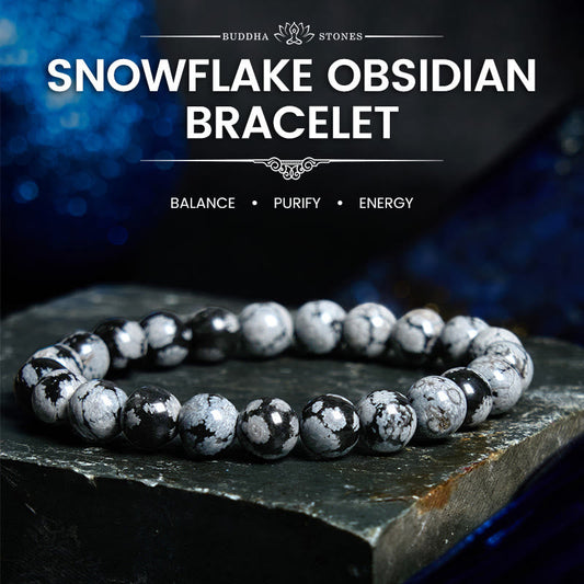 Pulsera de equilibrio de obsidiana y copo de nieve de piedra de Buda