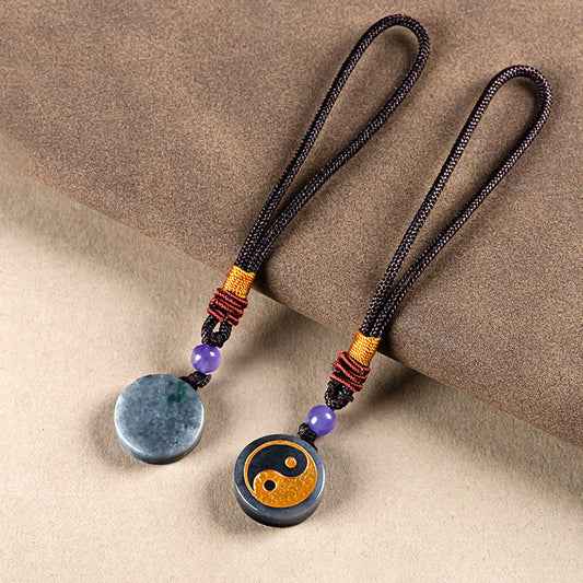 Buddha Stones Yin Yang Black Jade Harmony Protection Key Chain