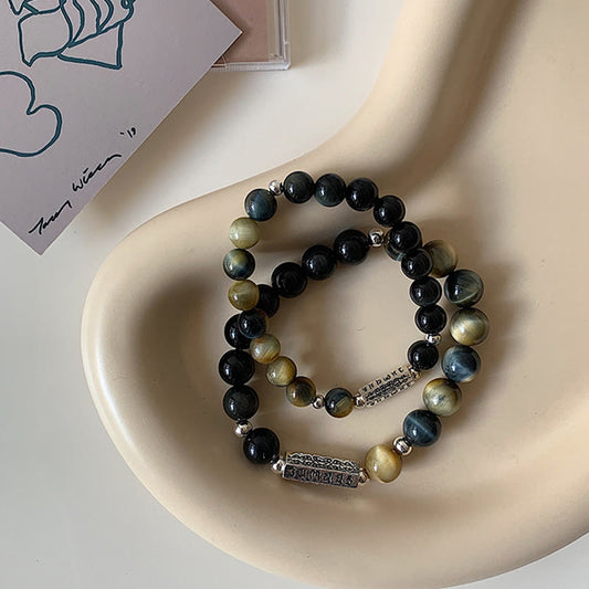 Buddha Stones Armband aus natürlichem schwarzem Obsidian und Tigerauge mit sechs wahren Worten „Om Mani Padme Hum“, Stärke und Liebe 