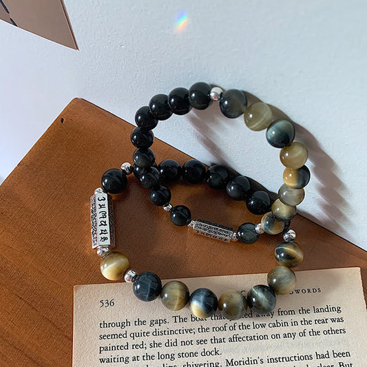 Buddha Stones Armband aus natürlichem schwarzem Obsidian und Tigerauge mit sechs wahren Worten „Om Mani Padme Hum“, Stärke und Liebe 