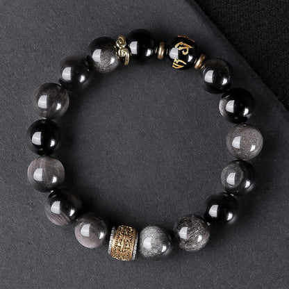 Buddha Stones Natürlicher Silberglanz Obsidian Tigerauge Sechs wahre Worte „Om Mani Padme Hum“ Kraftarmband 