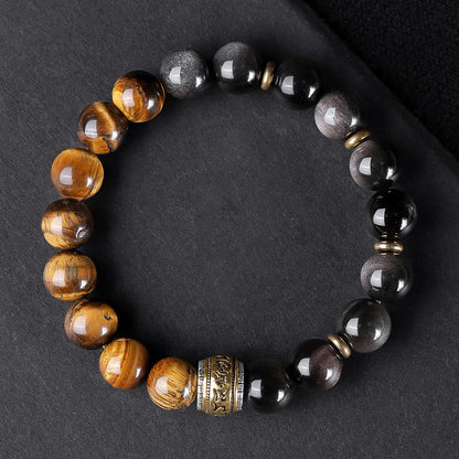Buddha Stones Natürlicher Silberglanz Obsidian Tigerauge Sechs wahre Worte „Om Mani Padme Hum“ Kraftarmband 