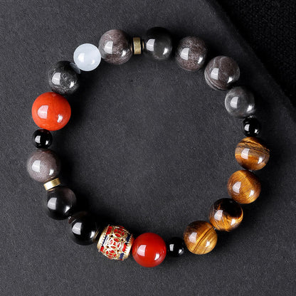 Buddha Stones Natürlicher Silberglanz Obsidian Tigerauge Sechs wahre Worte „Om Mani Padme Hum“ Kraftarmband 