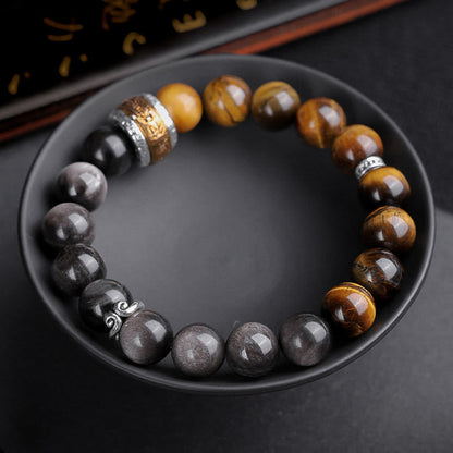 Buddha Stones Natürlicher Silberglanz Obsidian Tigerauge Sechs wahre Worte „Om Mani Padme Hum“ Kraftarmband 