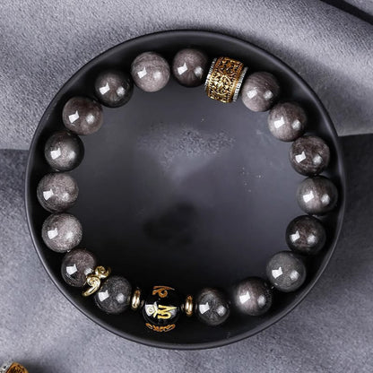 Buddha Stones Natürlicher Silberglanz Obsidian Tigerauge Sechs wahre Worte „Om Mani Padme Hum“ Kraftarmband 