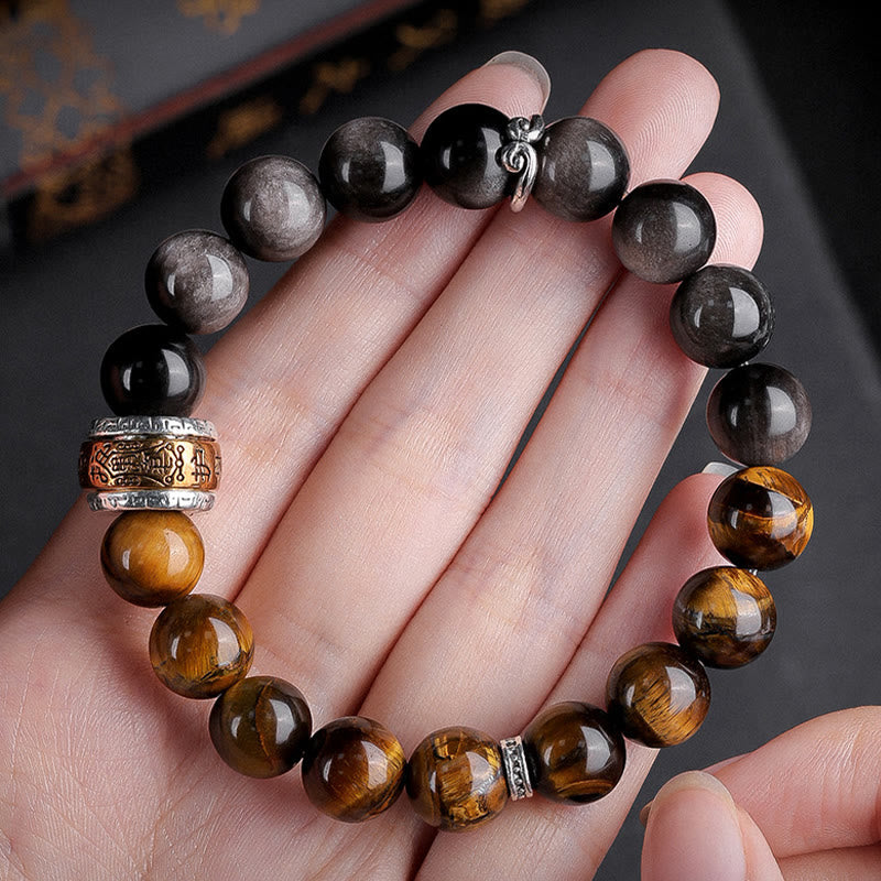 Buddha Stones Natürlicher Silberglanz Obsidian Tigerauge Sechs wahre Worte „Om Mani Padme Hum“ Kraftarmband 