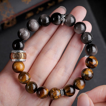 Buddha Stones Natürlicher Silberglanz Obsidian Tigerauge Sechs wahre Worte „Om Mani Padme Hum“ Kraftarmband 