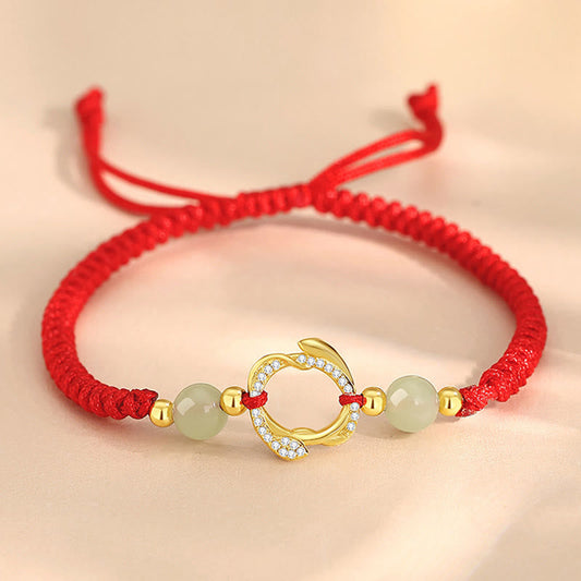 Buddha Stones Rote Schnur Hetian Jade 925 Sterling Silber Zirkonia Jahr der Schlange Schutzarmband 