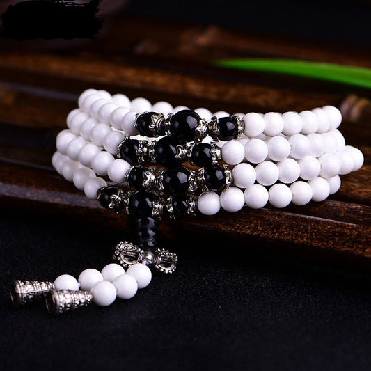 Pulsera de la paciencia con seis palabras verdaderas "Om Mani Padme Hum" de porcelana blanca con 108 cuentas de mala de Buda