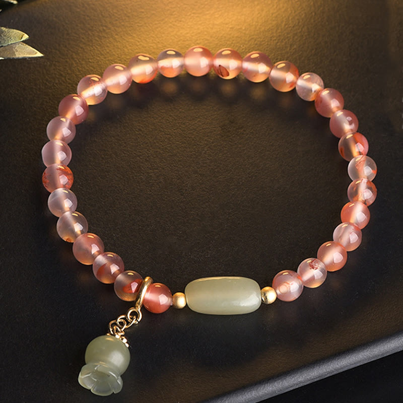 Buddha Stones South Red Agate Aquamarine Pearl Hetian Jade Bamboo Flower Fortune Bracelet - Touch Bling