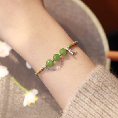 Buddha Stones 925 Sterling Silber Bambusblätter Hetian Jade Chalcedon Perlen Segen Geflochtenes Armband 