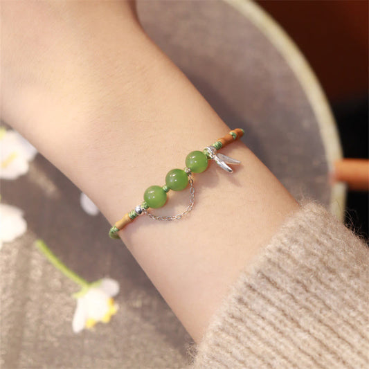 Buddha Stones 925 Sterling Silber Bambusblätter Hetian Jade Chalcedon Perlen Segen Geflochtenes Armband 