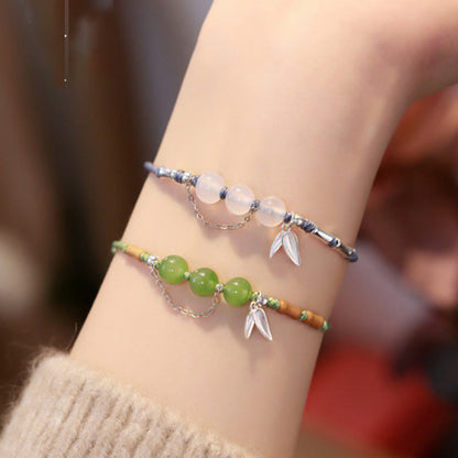 Buddha Stones 925 Sterling Silber Bambusblätter Hetian Jade Chalcedon Perlen Segen Geflochtenes Armband 