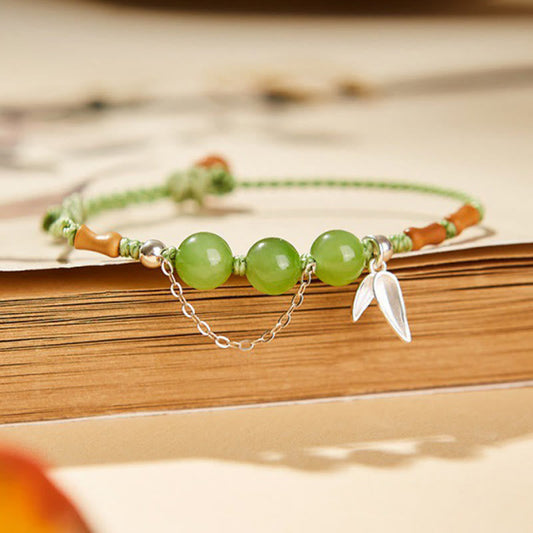 Buddha Stones 925 Sterling Silber Bambusblätter Hetian Jade Chalcedon Perlen Segen Geflochtenes Armband 