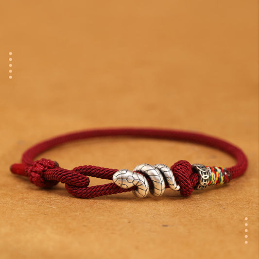 Buddha Stones Red String 925 Sterling Silber Jahr der Schlange Münzring Schlangenglücksarmband 