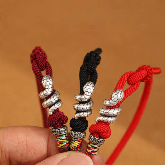 Buddha Stones Red String 925 Sterling Silber Jahr der Schlange Münzring Schlangenglücksarmband 