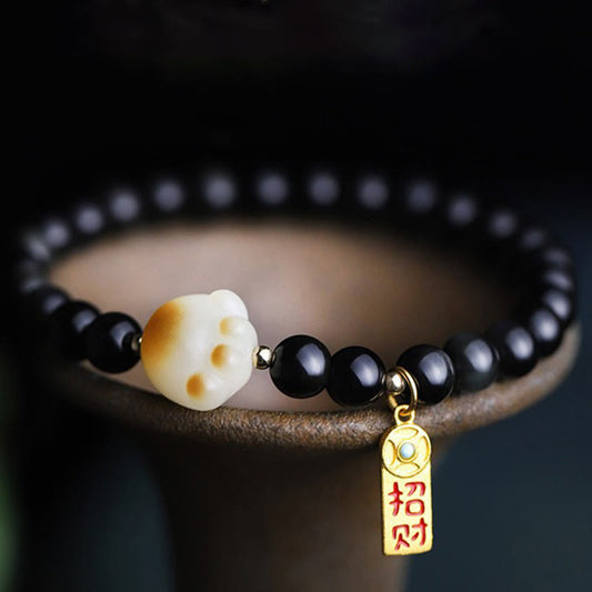 Buddha Stones Schwarzer Obsidian Katzenpfote Bodhi Seed Glücksbringer Reinigungsarmband 