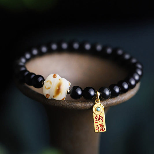 Buddha Stones Schwarzer Obsidian Katzenpfote Bodhi Seed Glücksbringer Reinigungsarmband 