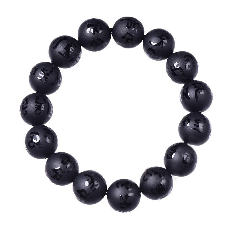 Buddha Stones Natürlicher schwarzer Onyx Om Mani Padme Hum geschnitztes Schutzarmband 