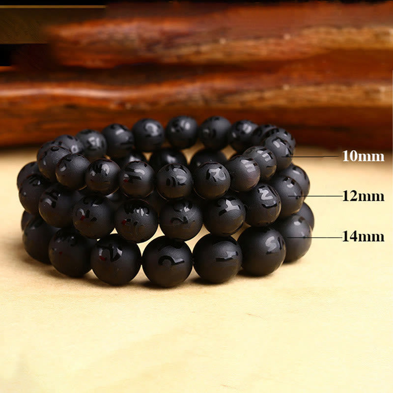 Buddha Stones Natürlicher schwarzer Onyx Om Mani Padme Hum geschnitztes Schutzarmband 