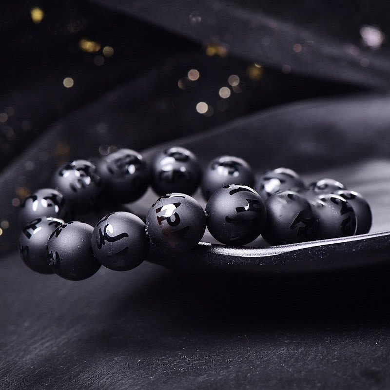Buddha Stones Natürlicher schwarzer Onyx Om Mani Padme Hum geschnitztes Schutzarmband 